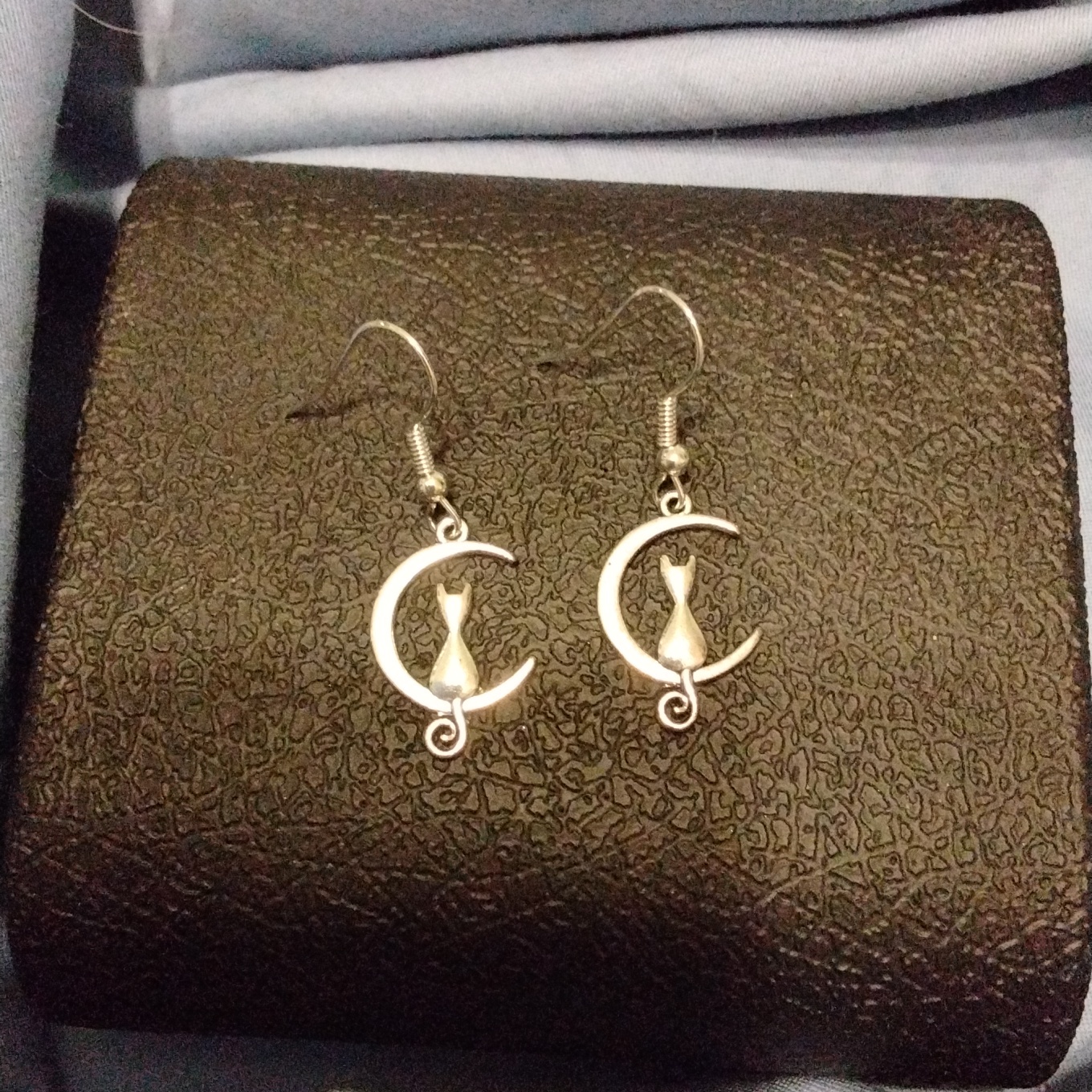 Women's Cat & Moon Charm Silver Tone Hook Earrings Nip